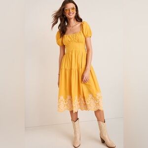 Sunshine Embroidered Midi Dress with Puff Sleeves